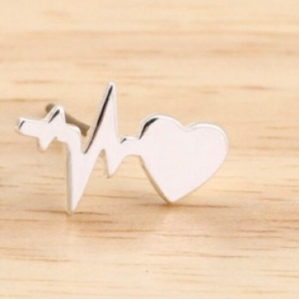 EKG ECG Electrocardio Heartbeat Heart Sinus Rhythm Med Doctor Nurse Silver Studs - Picture 10 of 11